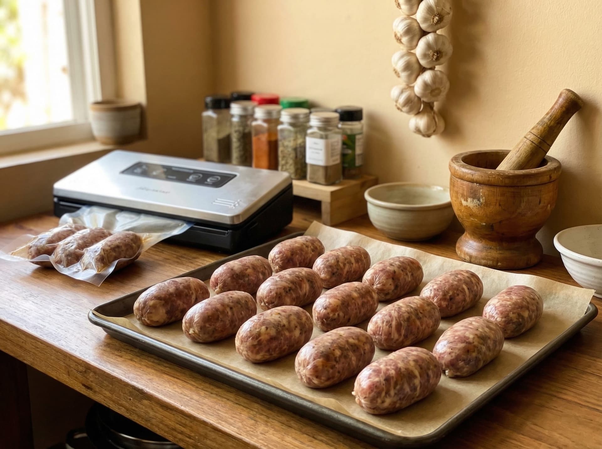 Fresh batch of Ilocos longganisa on a tray, ready for vacuum sealing